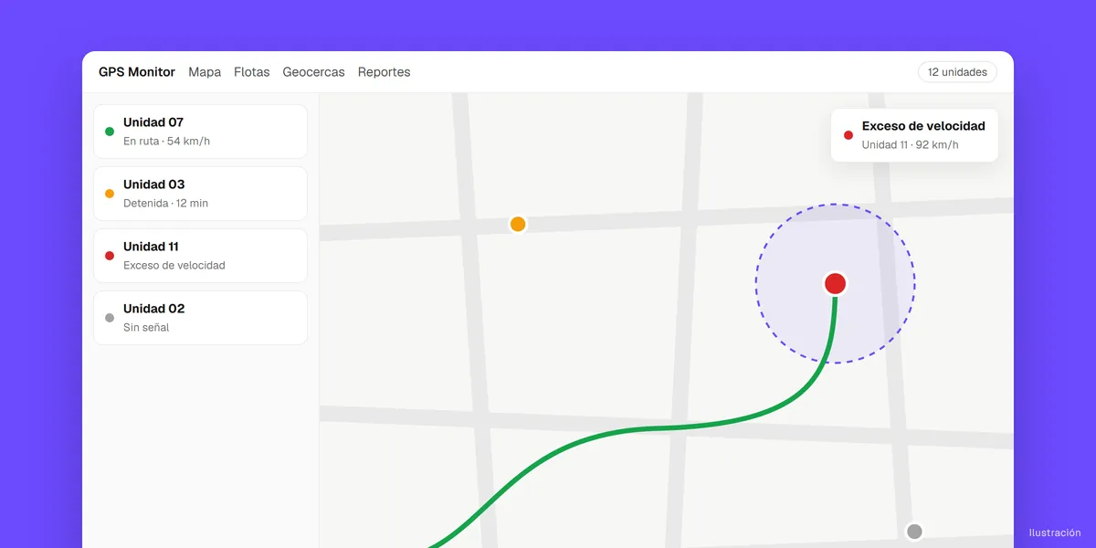 Mapa de GPS Monitor con la ruta de un vehículo, geocercas y alertas en tiempo real