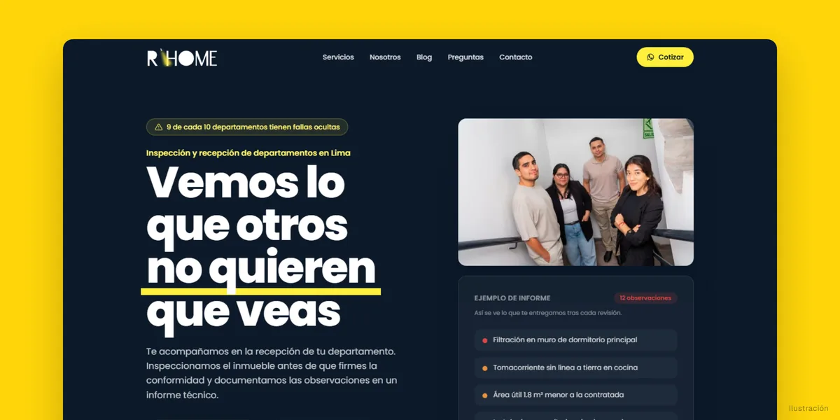 Página de inicio de rhome.pe, web de inspección de departamentos en Lima con SEO técnico